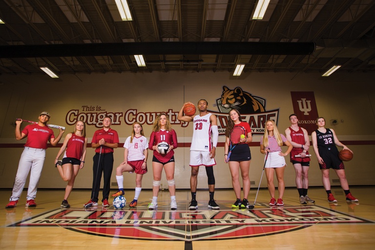 Different Student athletes at IU Kokomo in uniforms.