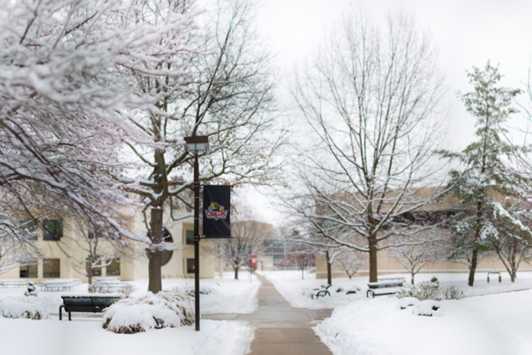 A photo of campus in the winter with snow on the trees